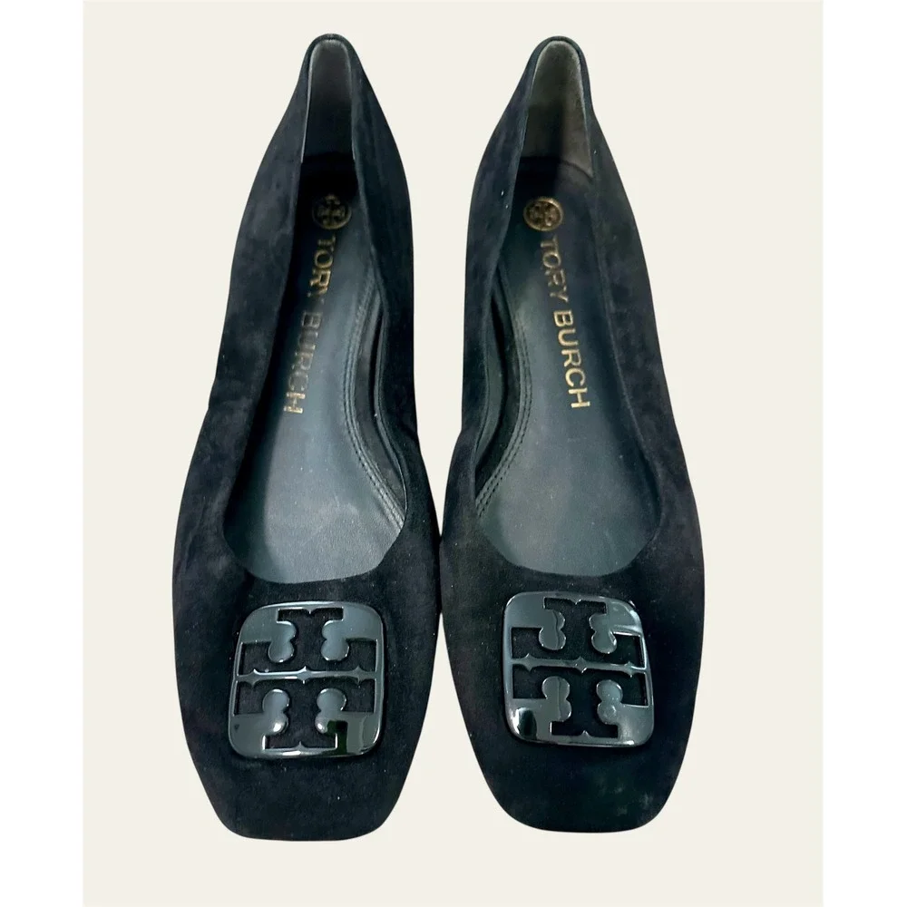 Tory Burch Suede Square Toe Flats Women 9M Black Good Patent Logo‎ Ballet Shoes